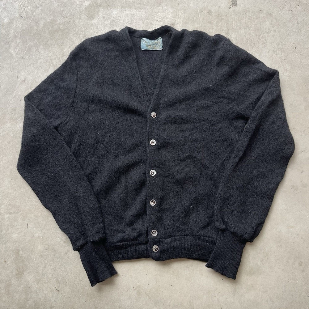 Vintage 60s Rob Bruce Cardigan Large Black Alpaca Wool Sweater Fuzzy Kurt Cobain